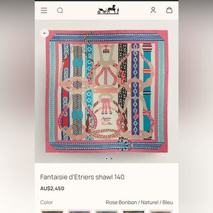 Hermes Fantaisie d'Etriers Shawl in Pink, Natural, and Blue 140 cashmere  silk
